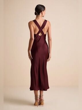 NWT Lulus Burgundy Satin Cross Back Slip Midi Dress Small